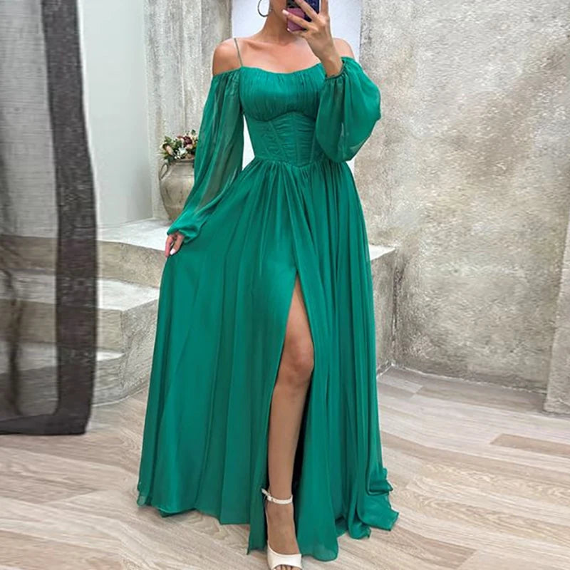 Elegant V-neck Long Sleeve Robe Long Dress Women Fashion Hight Waist Solid Party Dress Sexy Split Chiffon Pleated Gowns Dresses