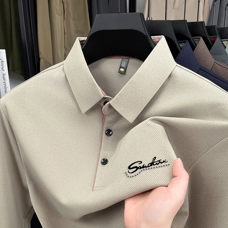 قميص بولو رجالي من ماركة مصممة بأكمام طويلة وياقة دائرية، خريف جديد، مطبوع عليه حروف، مضاد للتجاعيد، ملابس عمل غير رسمية للرجال