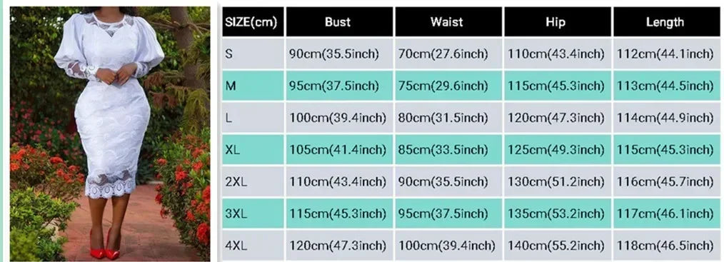 Elegant Women White Lace Dress Puff Sleeve Embroidery Pencil Dress Large Size 4XL Ladies Wedding Birthday Dinner Evening Clothes