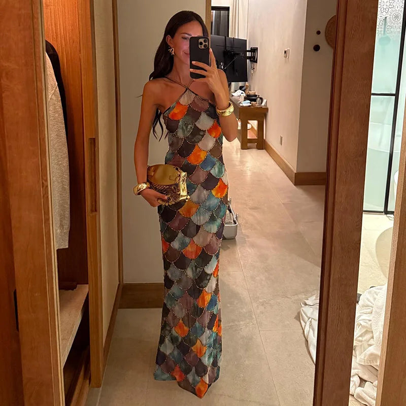 2025 Spring Summer Women Sexy Long Halter Dress Sleeveless Backless Hip Package Print Party Dresses Lady Shiny Robes New