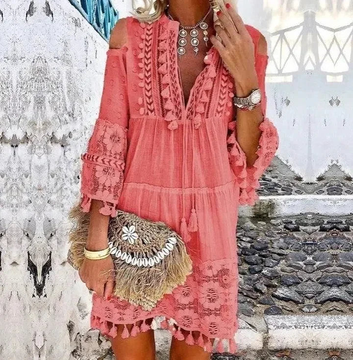 Spring Large Size Women Dress Lace White V-neck Lace Tassel Casual Dresses Female New Casual Elegant Fashion Ladies Clothes
