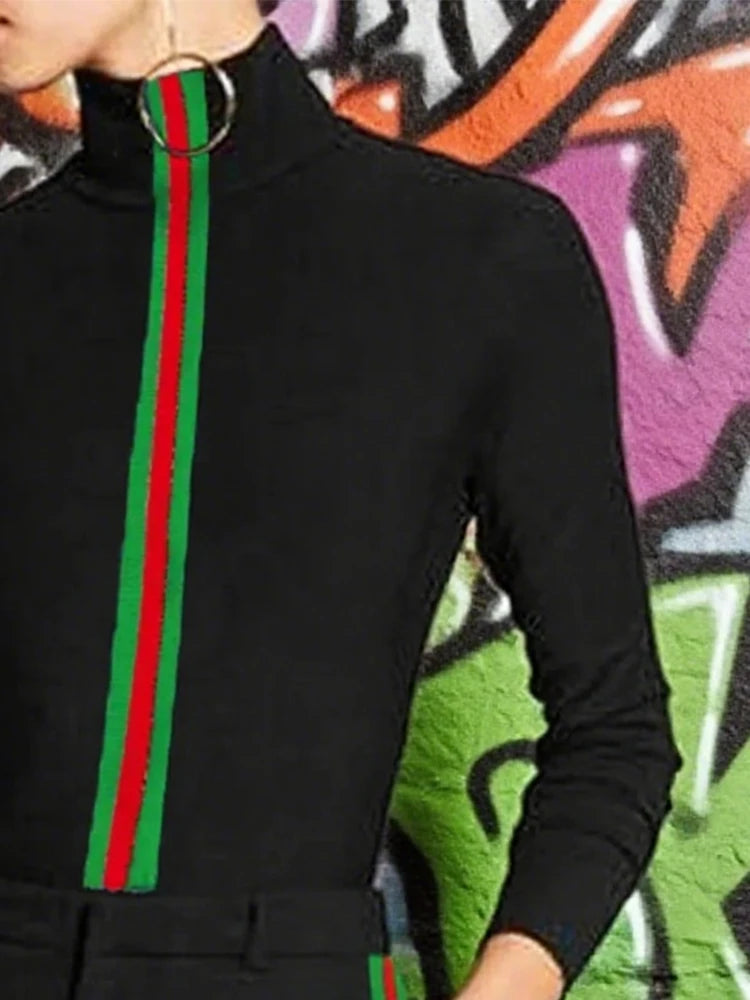 2025 Fashion Women's Clothes Long Sleeves Skinny Contrast Color Striped High Neck T-Shirts Casual Y2k Female Tops