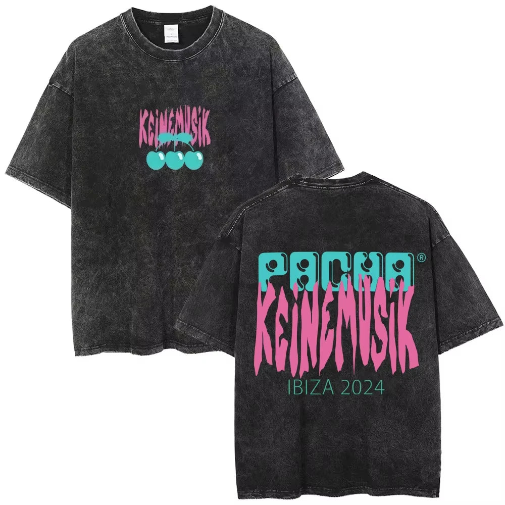 تي شيرت رجالي عتيق مغسول صيفي Keinemusik X Pacha قطني بأكمام قصيرة تي شيرت ملابس الشارع للنساء بديل هيفي ميتال هيب هوب