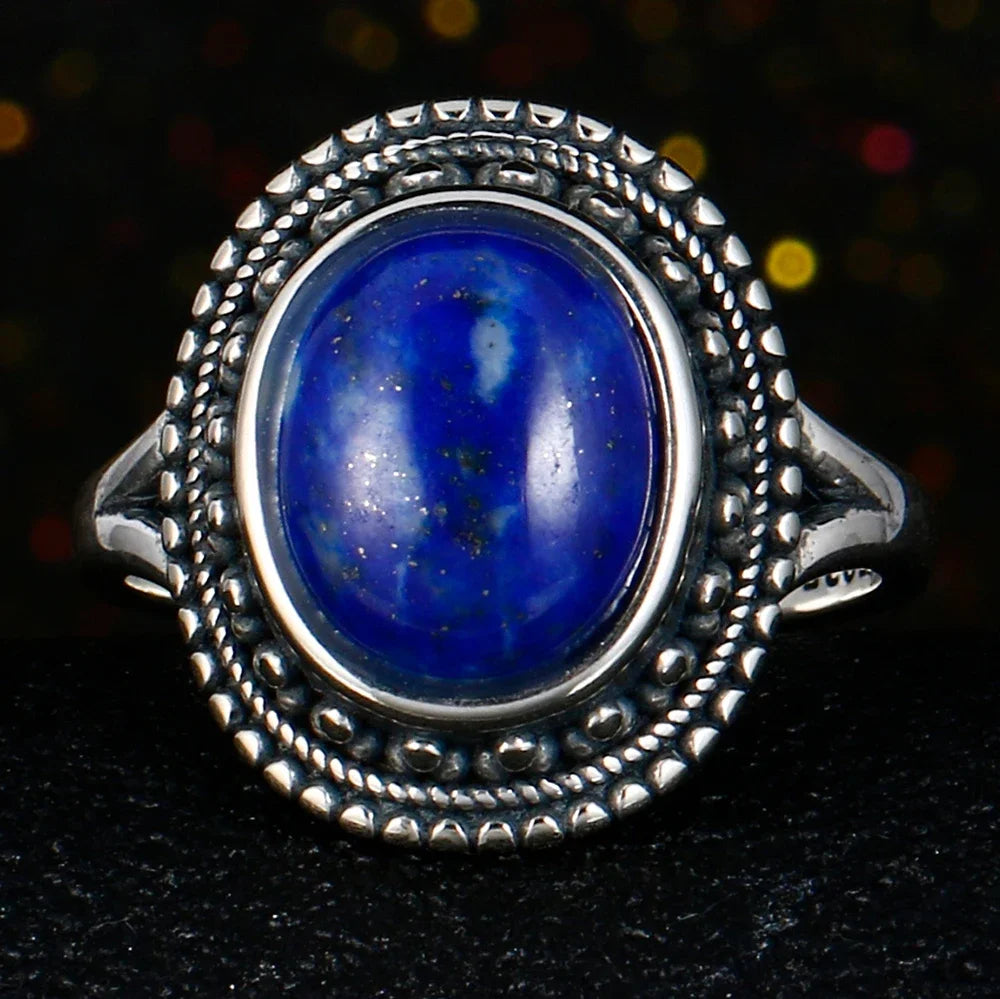 خاتم فضة عيار 925 مرصع بحجر اللازورد الطبيعي الكبير بيضاوي الشكل، مناسب للنساء والرجال، هدية مميزة، خاتم عتيق كبير الحجم، مجوهرات فاخرة بالجملة