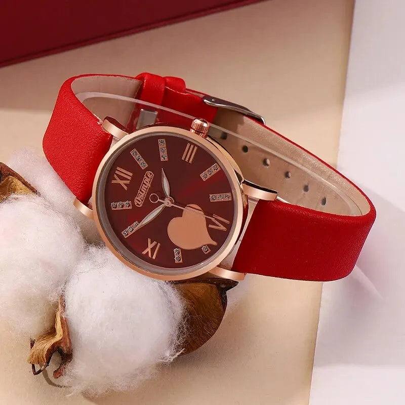 طقم 6 قطع من ساعات كوارتز نسائية أنيقة، مينا على شكل قلب، ساعات كلاسيكية بسيطة للنساء، هدية مثالية.