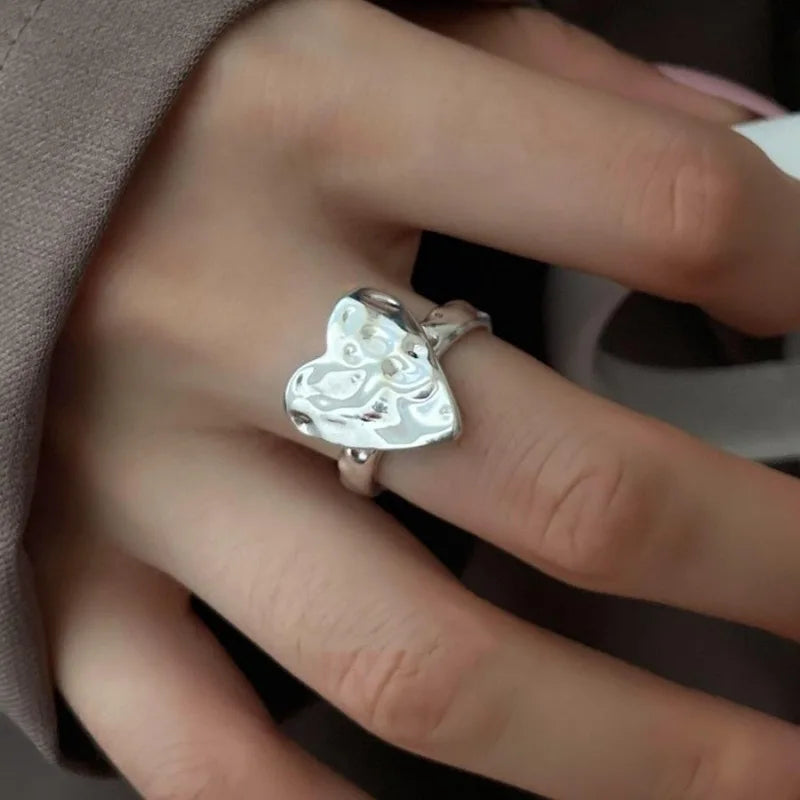 خاتم مفتوح من الفضة الإسترليني عيار 925 بتصميم بانك على شكل قلب، بتصميم هندسي غير منتظم، قابل للتكديس، هدية مجوهرات للنساء والفتيات، خدمة توصيل مباشرة بالجملة