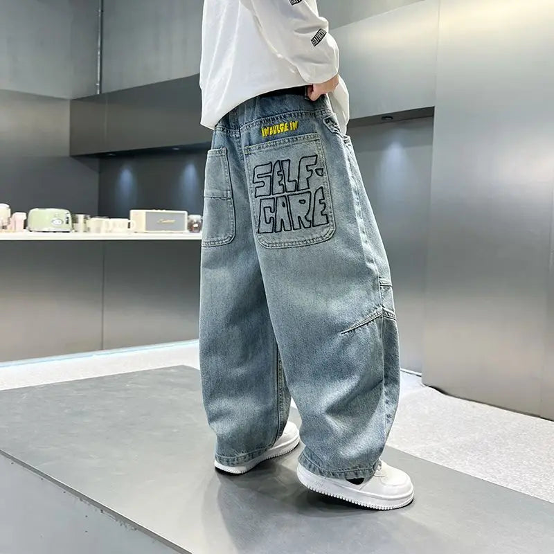 Boys' jeans in spring and autumn, mid to large children's casual pants, handsome and versatile, boys' pants, street style