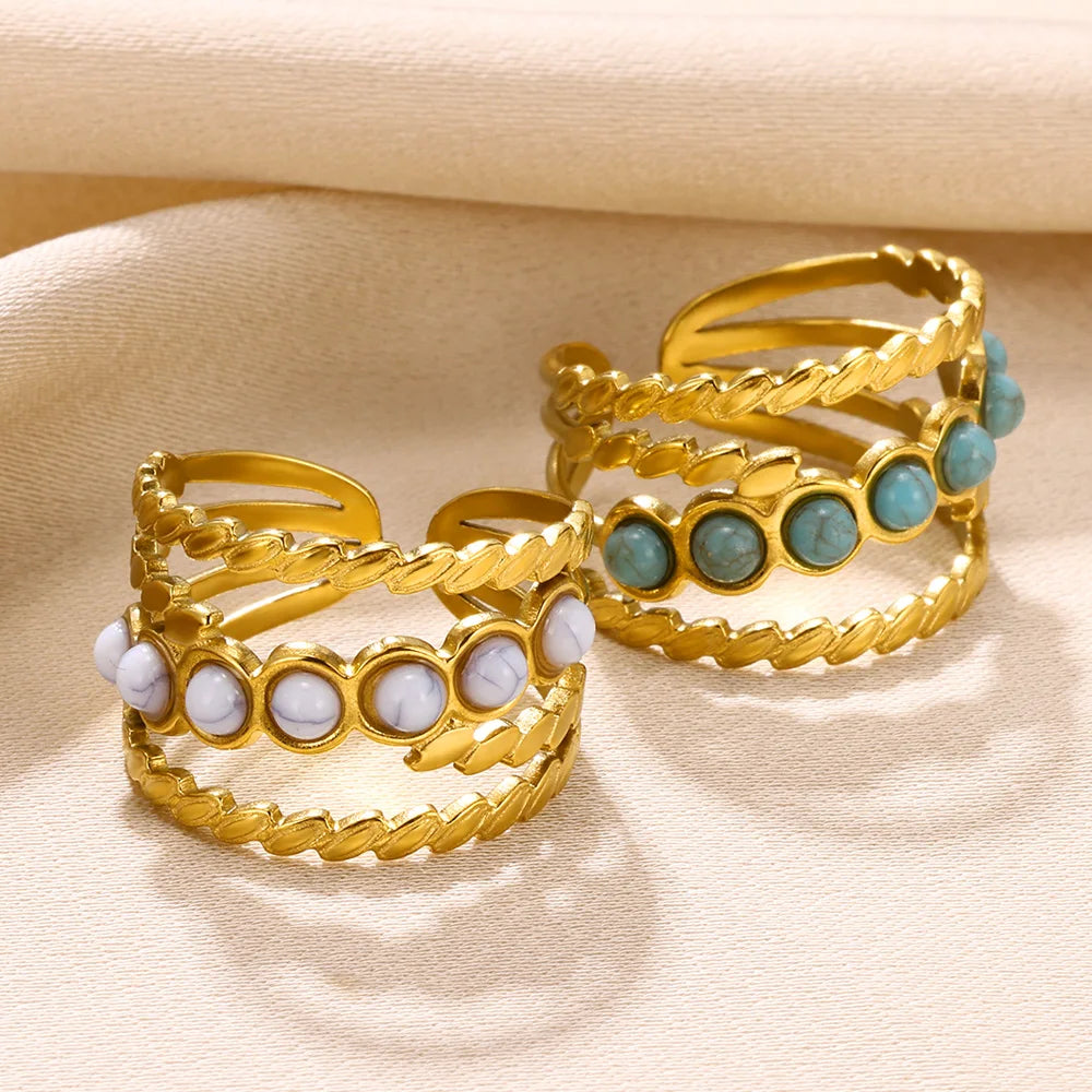 Boho Blue Natural Stone Ring For Women Men Gold Color Stainless Steel Ring Hollow Adjustable Opening Rings Jewelry Gift