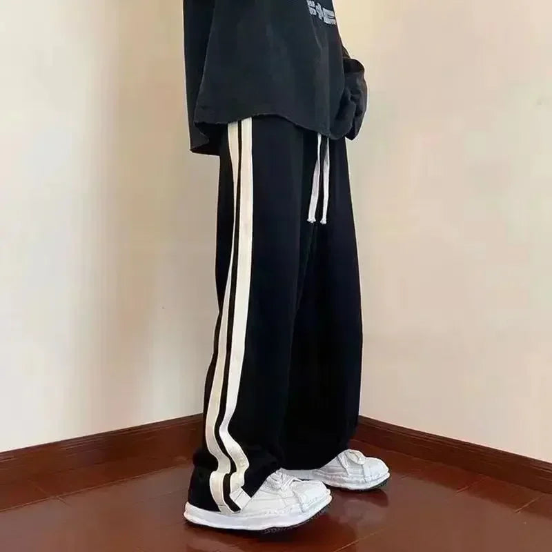 2025 Korean Fashion Wide Leg Pant Women Loose Casual Striped High Waist Woman Hiphop Elastic Waists Pocket Straight Pants