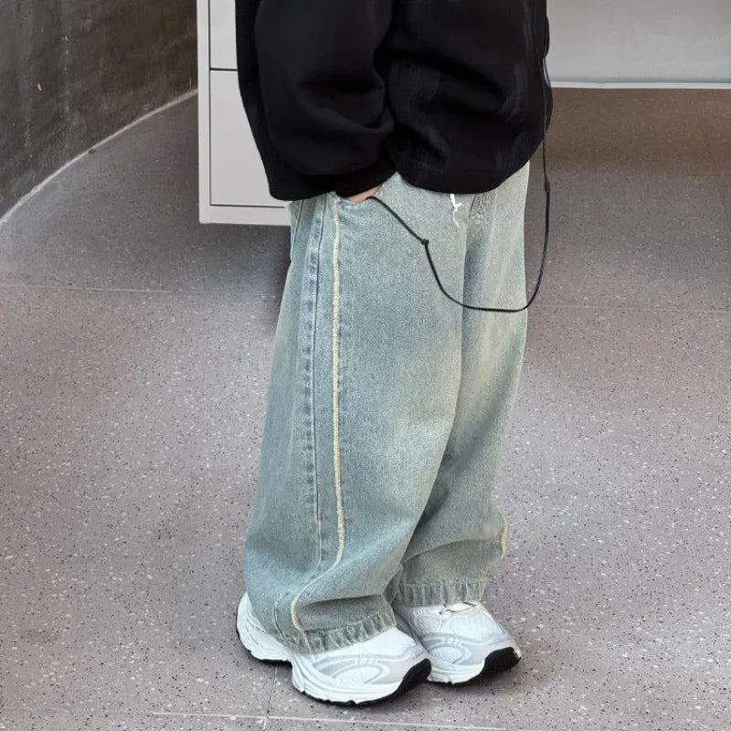 Kids Jeans Loose Straight Pants 2025 Autumn New Korean Boys' Fashion Retro Style Jeans Children's Pants Girls Clothes