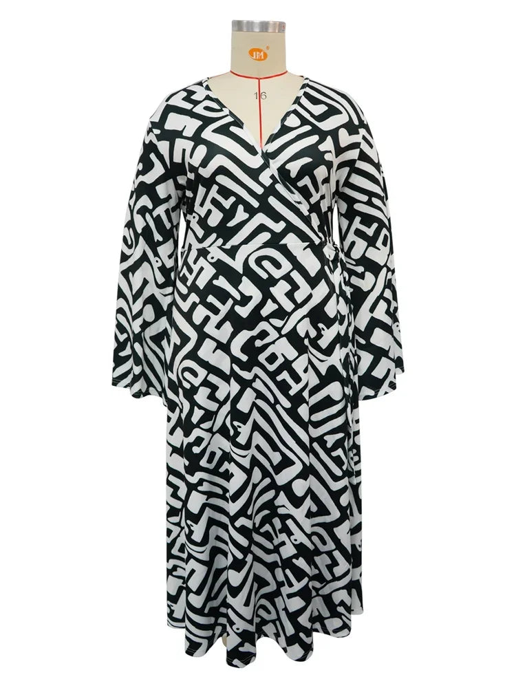 Plus Size Dresses for Women V Neck Elegant Lady Print Loose Sexy Flared  Long Sleeve Fall Maxi Dress Wholesale Dropshipping 2024