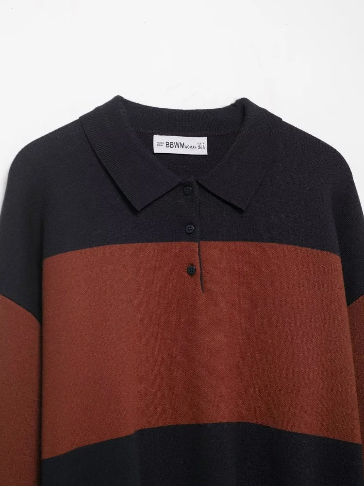 سترة كارديجان مخططة محبوكة بأكمام طويلة وياقة بولو للخريف للنساء بأزرار مزخرفة، سترة نسائية أنيقة غير رسمية