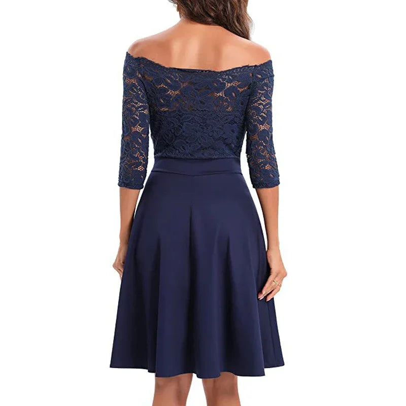 Women Elegant Wedding Bridesmaid Dinner Dress Sexy Lace Off Shoulder Party Dresses Solid Color Half Sleeve Evening Gown Vestido