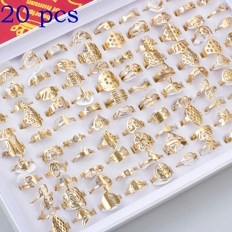 مجموعة من 20 قطعة من خواتم المجوهرات النسائية الأنيقة المصنوعة من الفولاذ المقاوم للصدأ، بأحجام كبيرة وصغيرة، بتصميمات مجوفة على شكل قلب وزهرة الحب، مثالية كهدية للحفلات.