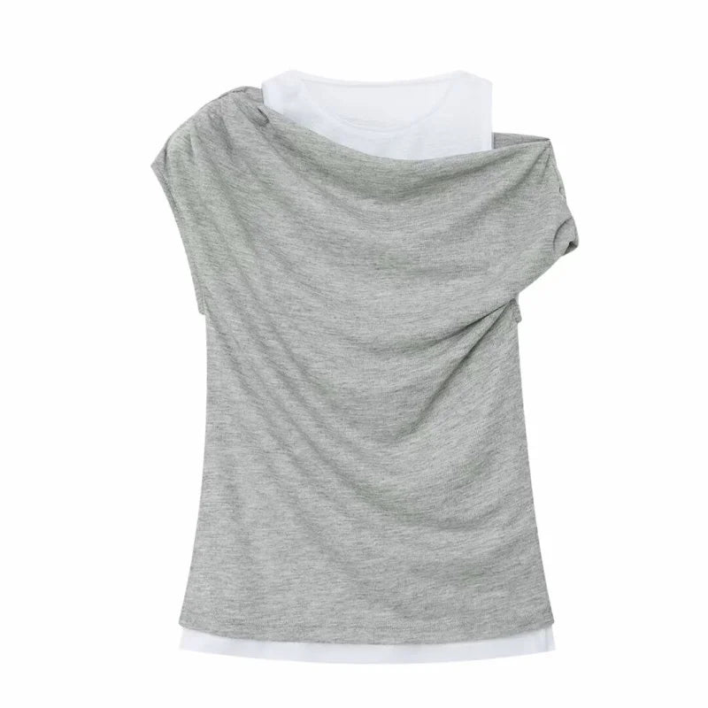 تي شيرت نسائي جديد من ETJ 2025، مكون من قطعتين مثيرتين مكشوفتي الكتفين بأكمام قصيرة، مزين بقطع ملونة ومرقعة