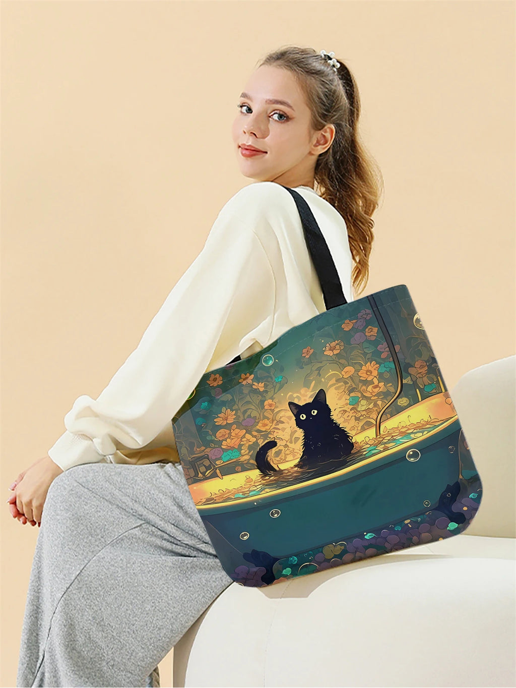 حقيبة تسوق قماشية مطبوعة عليها صورة قطة سوداء، حقيبة تسوق أنيقة قابلة لإعادة الاستخدام، حقيبة تسوق متعددة الوظائف، حقيبة تسوق قماشية مطبوعة