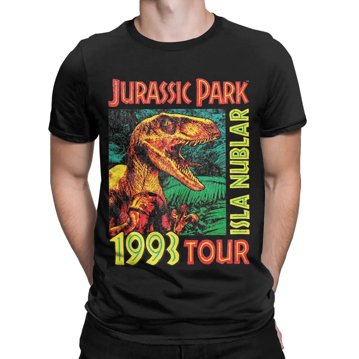 تي شيرت رجالي من Jurassic Park Tour 1993 مصنوع من القطن الخالص بأكمام قصيرة ورقبة دائرية ورسومات جرافيكية