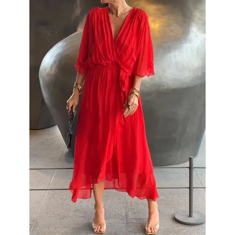 Elegant Chiffon Solid Party Dresses For Women Sexy V Neck Bat Sleeves Lace Up Ruffles Irregular Long Dress Casual Robe Femme