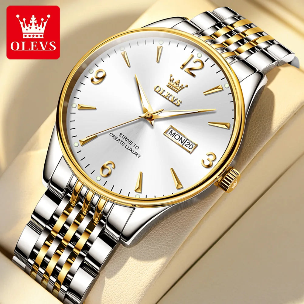 ساعة OLEVS 2928 للرجال بسيطة كوارتز رسمية للرجال مقياس الأرقام مقاوم للماء من الفولاذ المقاوم للصدأ عرض الأسبوع والتاريخ ساعة يد للرجال