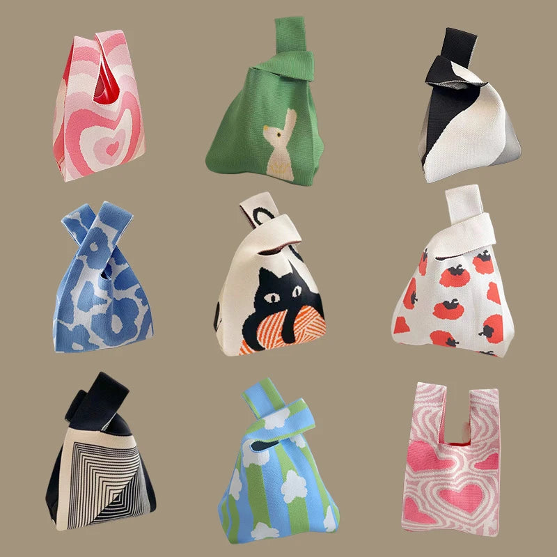 حقائب يد نسائية أنيقة مصنوعة يدويًا محبوكة، حقيبة معصم صغيرة بعقدة، حقيبة تسوق كورية كاجوال قابلة لإعادة الاستخدام