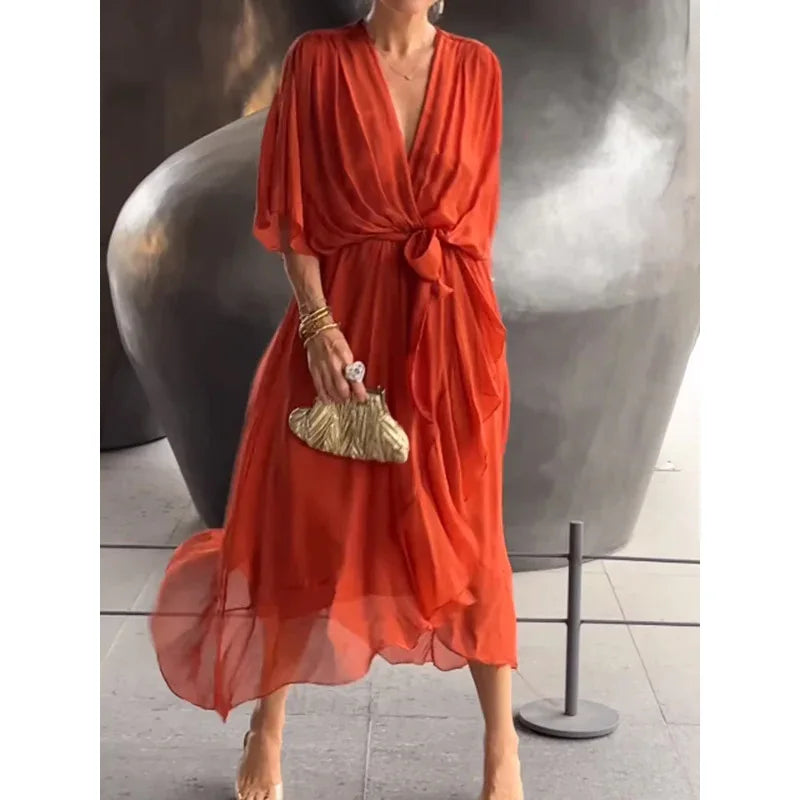 Elegant Chiffon Solid Party Dresses For Women Sexy V Neck Bat Sleeves Lace Up Ruffles Irregular Long Dress Casual Robe Femme