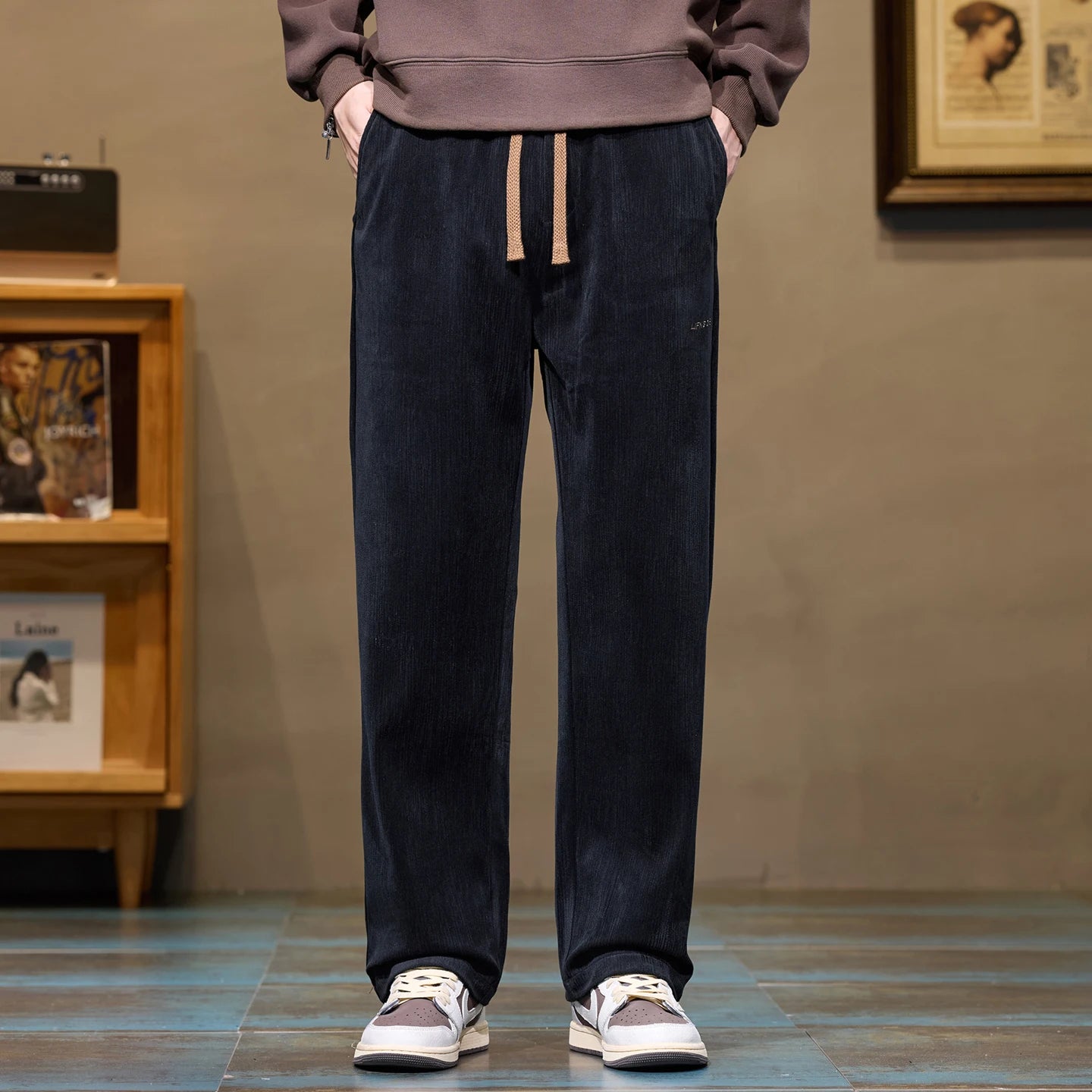 Soft Corduroy Men's Casual Pants Autumn New Elastic Waist Loose Straight Black Gray Trousers Comfortable Fashion Male Clothes