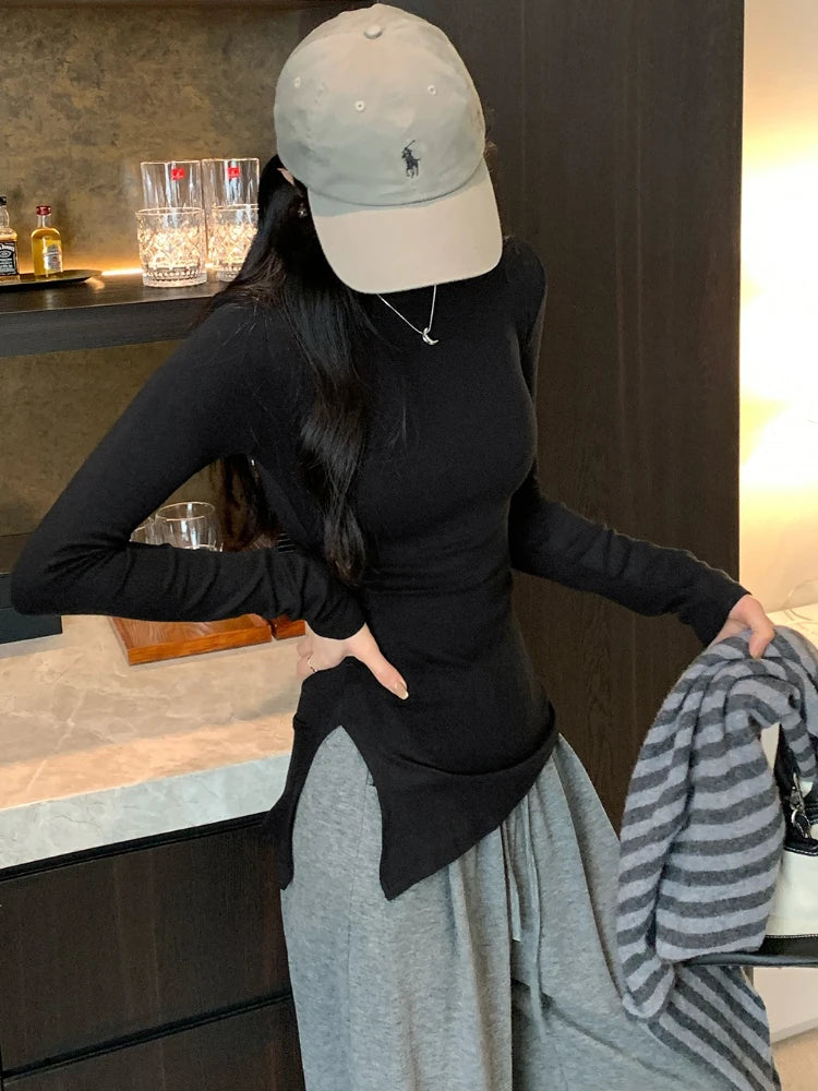 تي شيرت AOSSVIAO الأساسي ذو الياقة المدورة والملائم للجسم بأكمام طويلة على الطراز الكوري متعدد الاستخدامات للفتيات المثيرات، تي شيرتات نسائية عصرية سادة