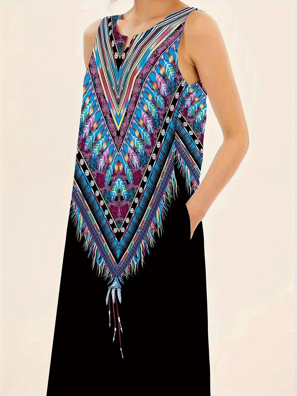 Women'S Elegant Dress Fashion Floral Print Sleeveless Dress Hawaii Vacation Casual Dress Women'S Plus Size V-Neck Pocket Dress