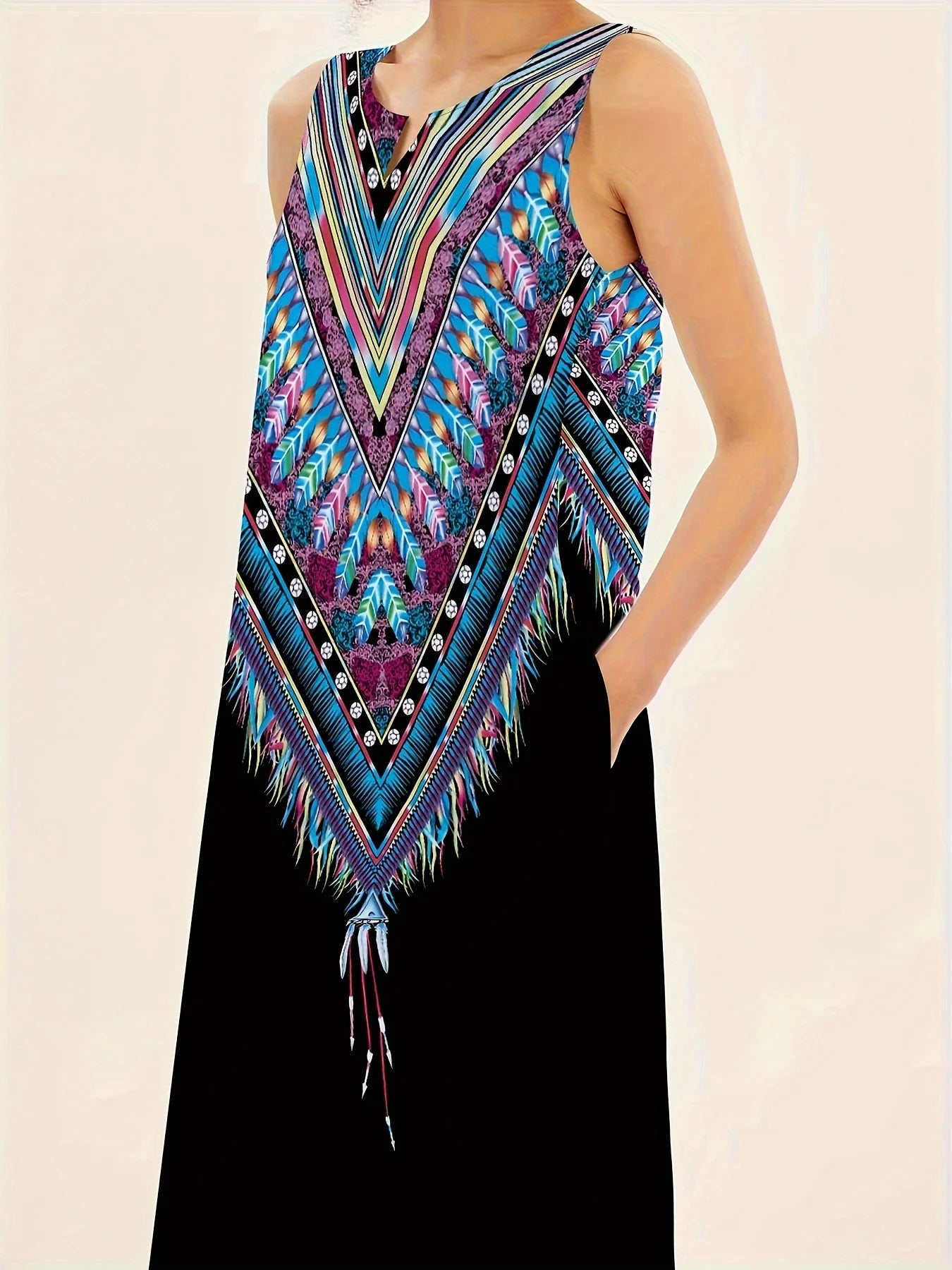 Women'S Elegant Dress Fashion Floral Print Sleeveless Dress Hawaii Vacation Casual Dress Women'S Plus Size V-Neck Pocket Dress