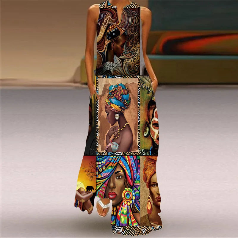 Sexy V-neck Women Maxi Dress Summer Fashion Sleeveless Sundress Retro Print Long Dresses With Pocket Vestidos Robe Maje