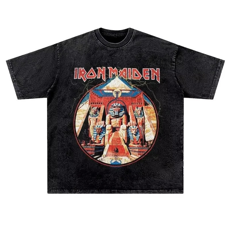 تي شيرت رجالي ونسائي عتيق من LRON Maiden Iron Lady Rock Washed بتصميم هيب هوب أمريكي عتيق بأكمام قصيرة ونصف عصرية
