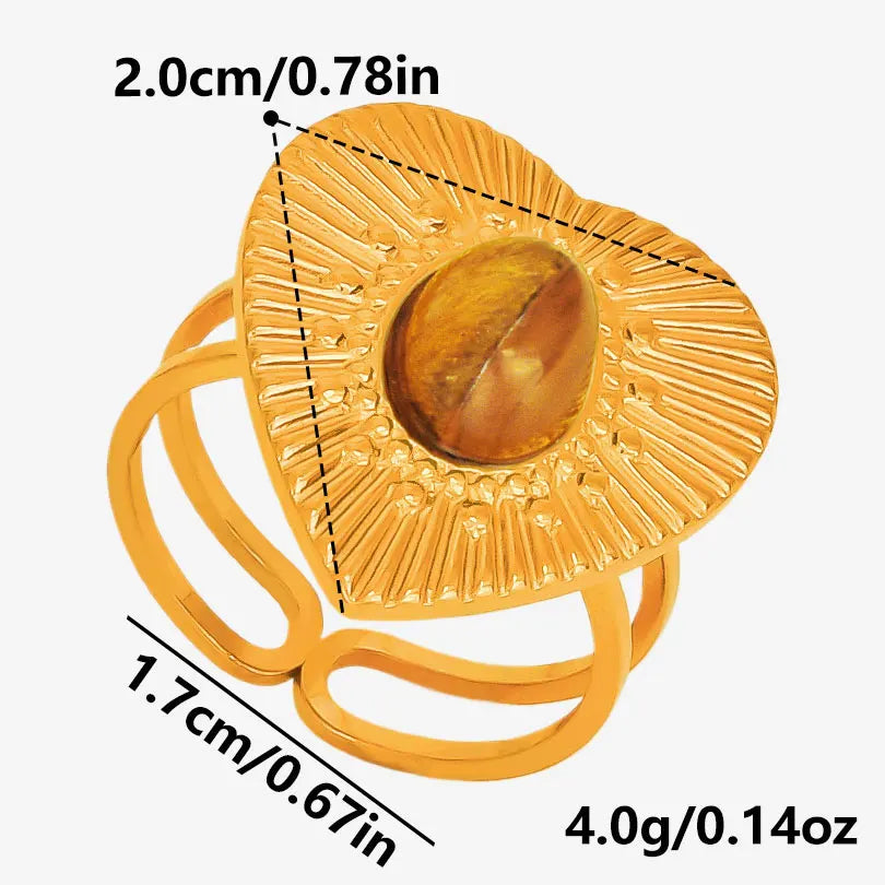 خاتم من حجر عين النمر الحقيقي على شكل قلب الشمس من الفولاذ المقاوم للصدأ، خواتم مفتوحة للنساء والرجال، إكسسوارات مجوهرات عتيقة مطلية بالذهب الحقيقي