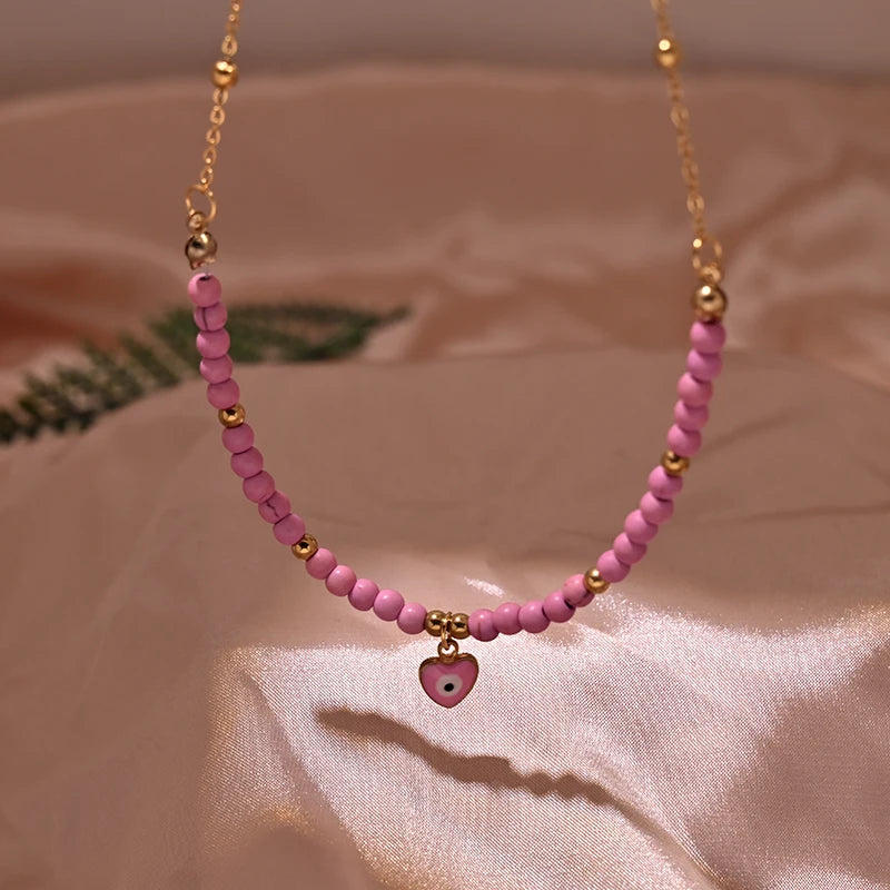 عقد على شكل قلب من خرز Y2K، سلسلة من الفولاذ المقاوم للصدأ باللون الذهبي، مقاوم للتشويه، مناسب للنساء، مجوهرات صيفية