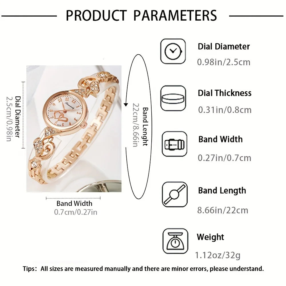 ساعة يد نسائية أنيقة من الكوارتز، مزينة بسوار مرصع بأحجار الراين على شكل قلوب (بدون علبة)