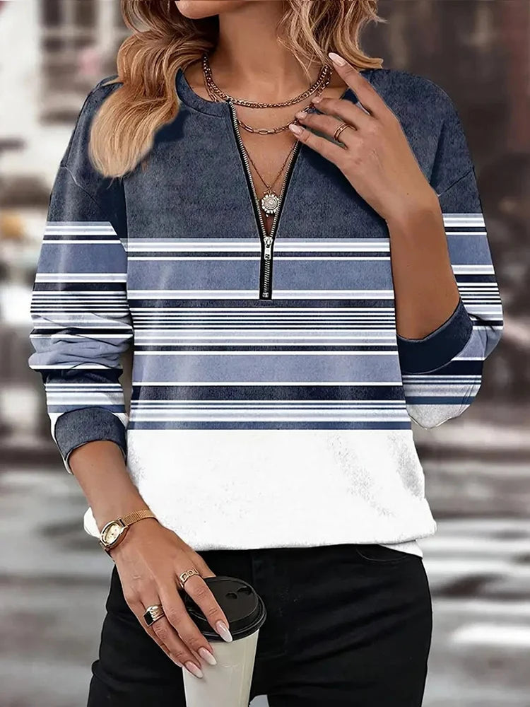 تي شيرت نسائي بأكمام طويلة مطبوع بألوان الخريف، بسحاب هندسي، وفتحة رقبة على شكل حرف V، ملابس كاجوال فضفاضة للنساء في الشارع الرئيسي