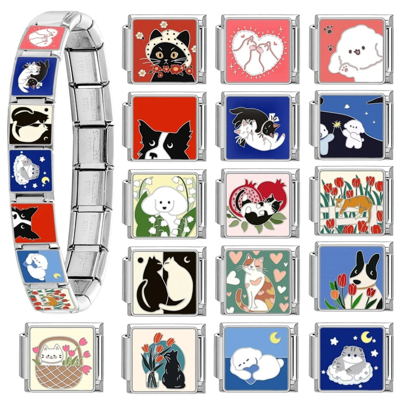 قطعة واحدة من دلايات القط المحظوظ الكرتوني تيدي شيبا إينو الإيطالية تناسب سوار 9 مم من الفولاذ المقاوم للصدأ صناعة المجوهرات بنفسك بالجملة