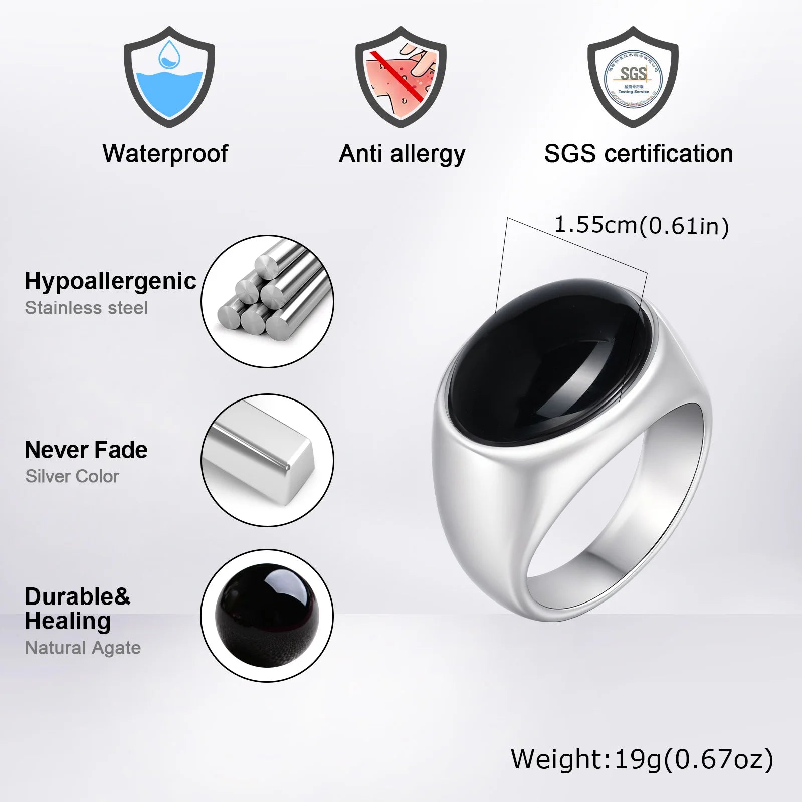 خاتم من الحجر الطبيعي للرجال والفتيان، خاتم بيضاوي مقاوم للماء للإبهام، خاتم أنيق وعصري، هدايا مجوهرات