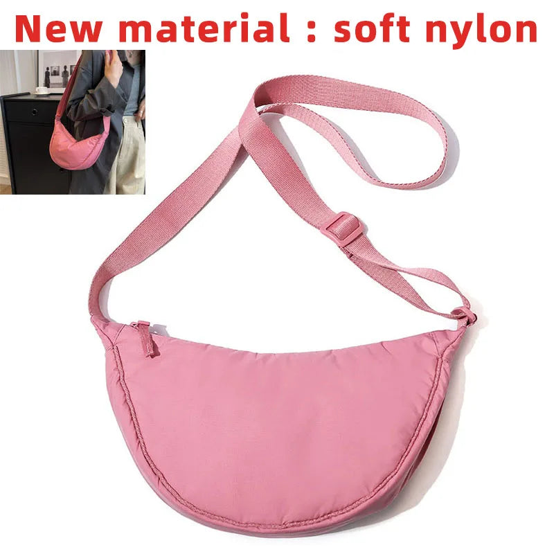 Solid Color Women's Portable Shoulder Bag Simple Female Nylon Cloth Padded Crossbody Bags Travel Purse Handbags Messenger Bag