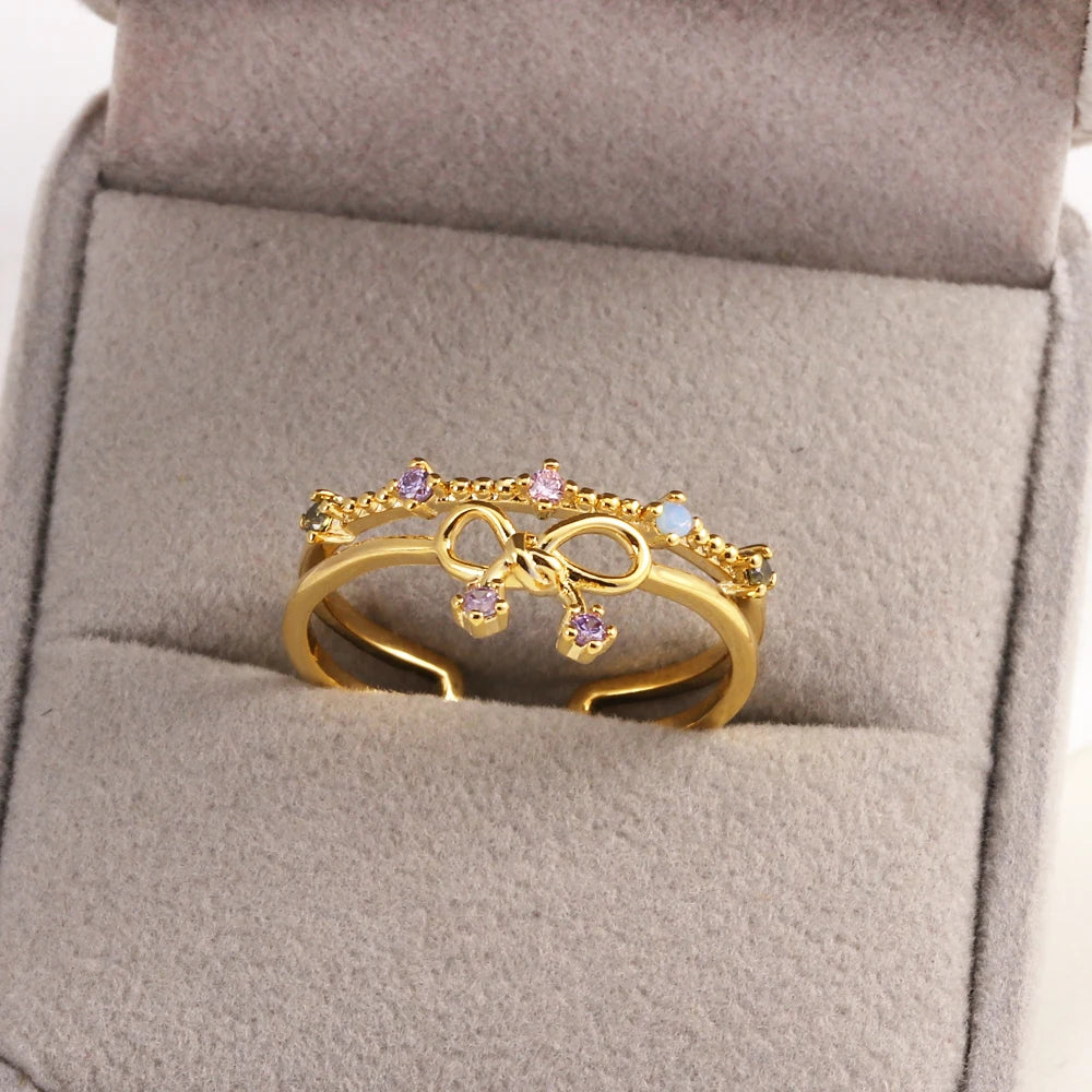 خواتم زهور مرصعة بالزركون المكعب بألوان زاهية ومتألقة للنساء، خاتم فاخر مزين بفيونكة من الزركون الوردي، مجوهرات زفاف للزوجة والصديقة