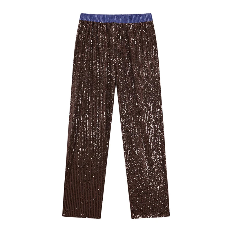 طقم مكون من قطعتين من السراويل الفضفاضة المرصعة بالترتر للنساء، قميص بأكمام طويلة وبنطلون أنيق للنساء، طقم مكون من قطعتين من السراويل الطويلة