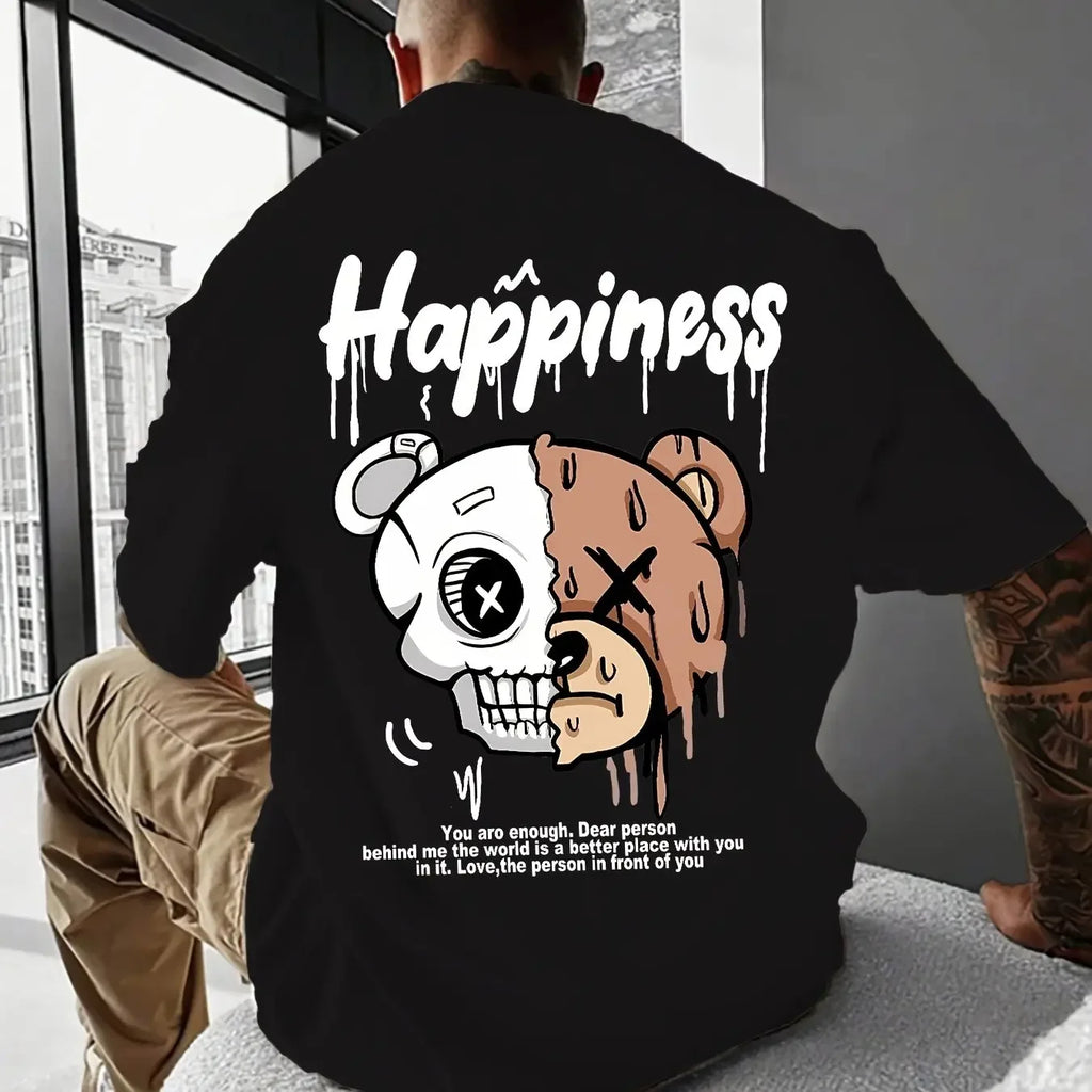 Men's summer 100% pure cotton fashionable casual sports loose cartoon bear pattern print round neck short sleeved T-shirt top