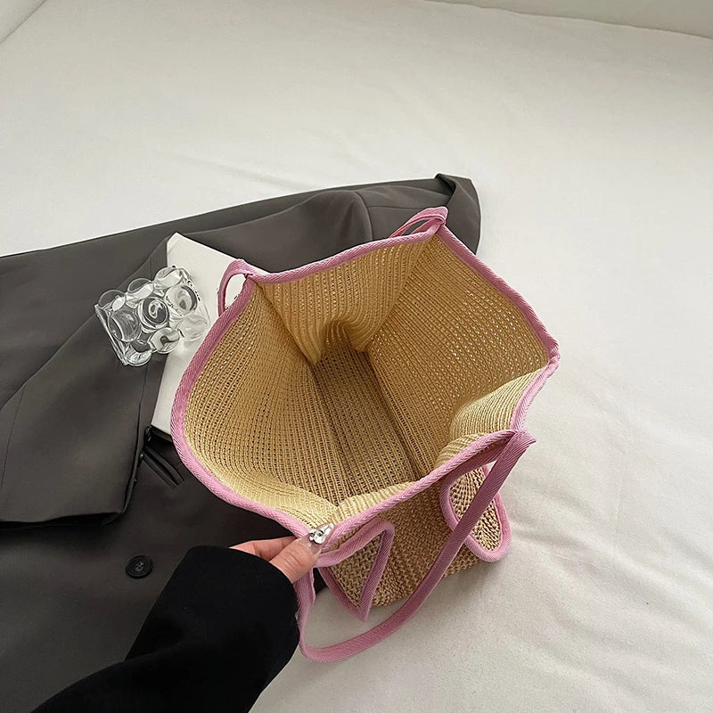 حقائب كتف نسائية متعددة الاستخدامات ذات سعة كبيرة مصنوعة من الضفائر، حقائب شاطئ صيفية أنيقة من القش المنسوج، حقيبة تسوق نسائية أنيقة للاستخدام اليومي