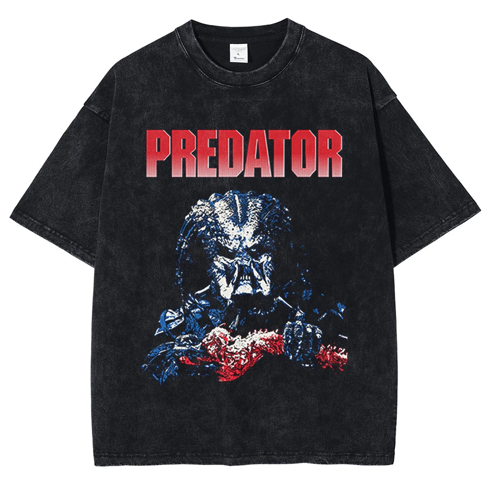 تي شيرت رجالي 2025 بنمط Predator مطبوع عليه DTG بأكمام قصيرة من القطن المغسول الصيفي بتصميم ريترو للجنسين من Harajuku