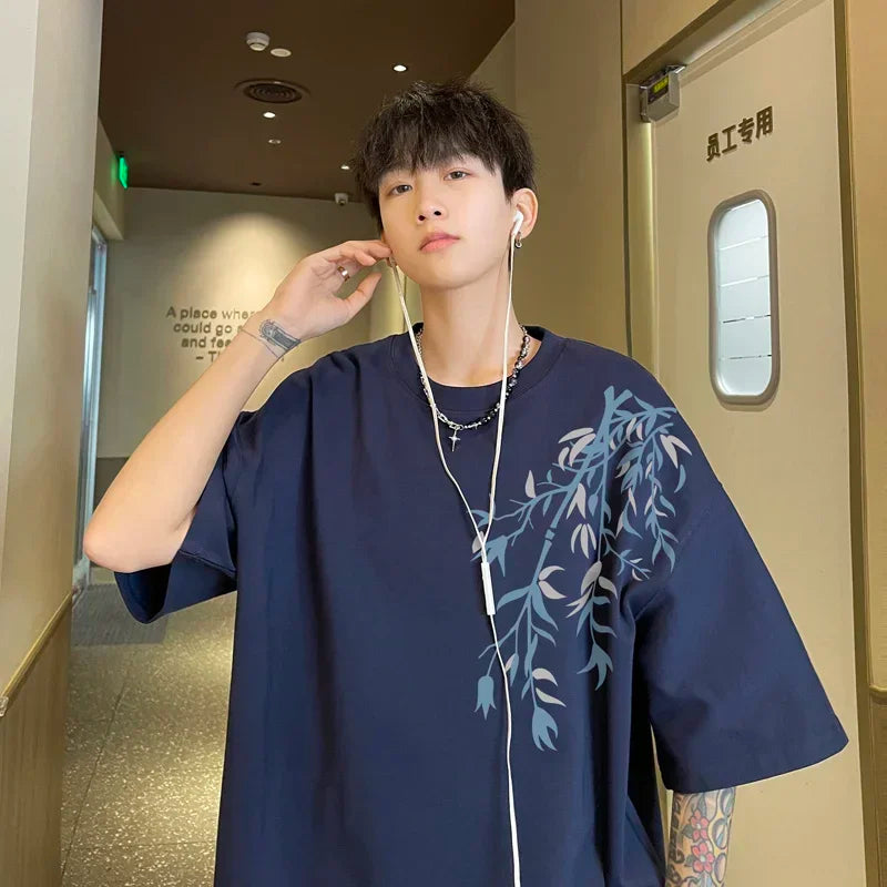 تي شيرت رجالي كبير الحجم من القطن، تي شيرت رجالي أبيض مقاس 5XL، ملابس صيفية كاجوال، تي شيرت مطبوع عليه الخيزران للرجال