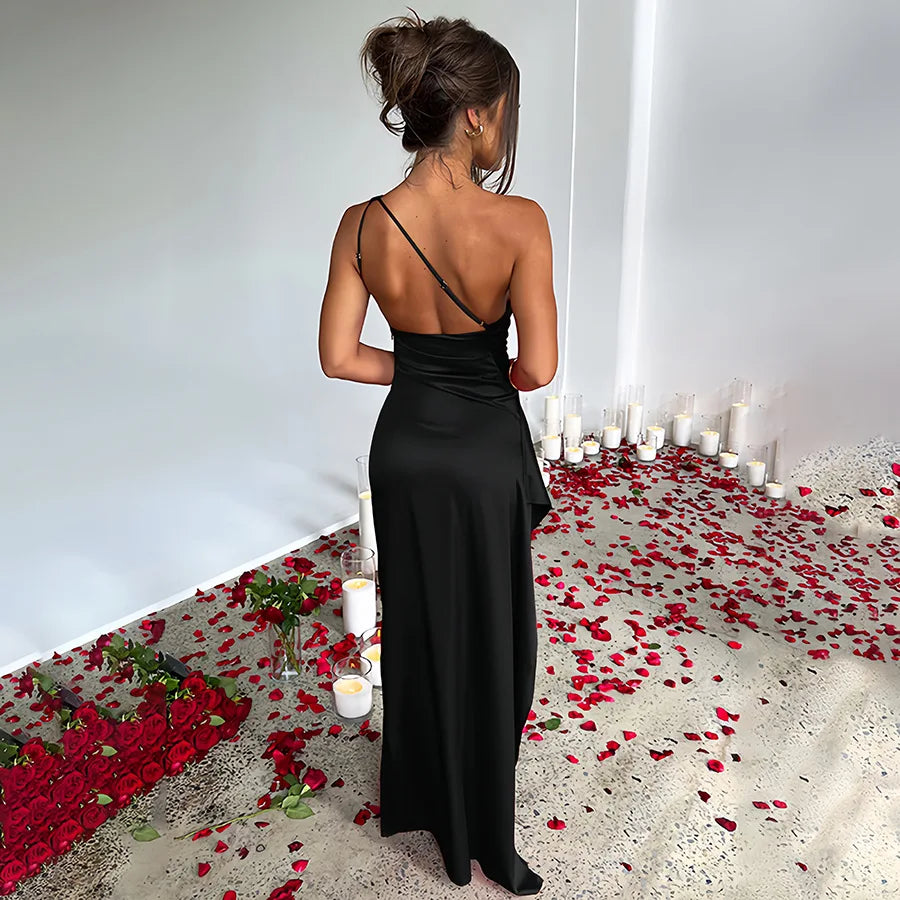 Sexy One Shoulder Satin Long Dress For Women Summer Sleeveless High Split Backless Party Evening Dresses Elegant Cocktail Dress