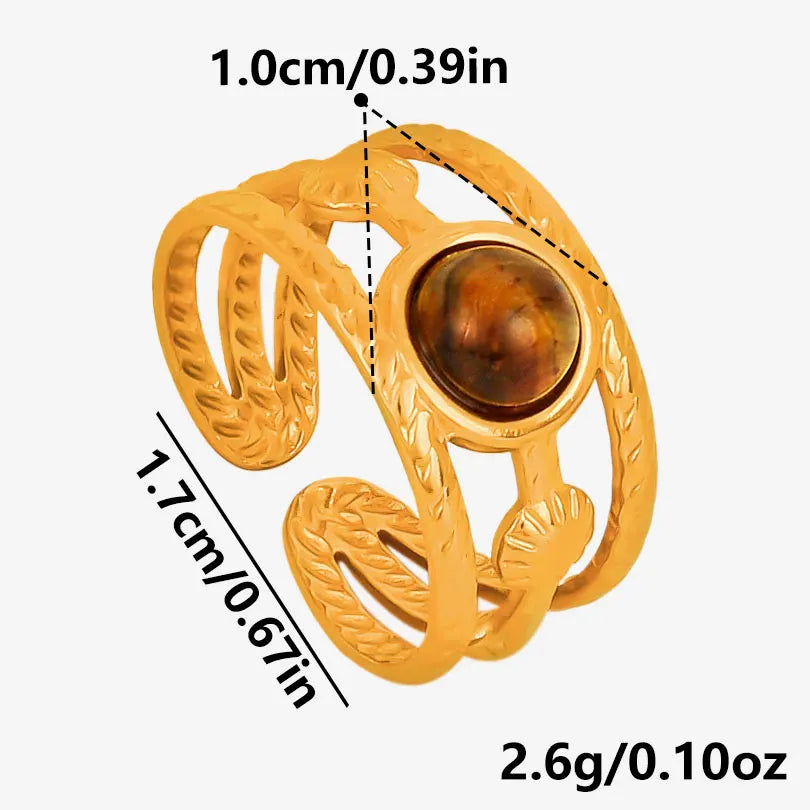 خاتم من حجر عين النمر الحقيقي على شكل قلب الشمس من الفولاذ المقاوم للصدأ، خواتم مفتوحة للنساء والرجال، إكسسوارات مجوهرات عتيقة مطلية بالذهب الحقيقي