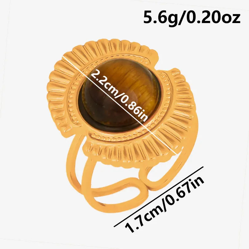 خاتم من حجر عين النمر الحقيقي على شكل قلب الشمس من الفولاذ المقاوم للصدأ، خواتم مفتوحة للنساء والرجال، إكسسوارات مجوهرات عتيقة مطلية بالذهب الحقيقي