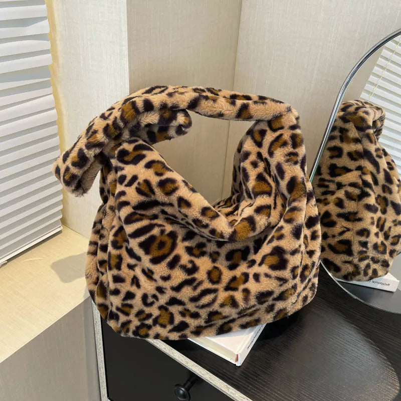 Large Capacity Leopard Women Shoulder Bags Faux Fur Messenger Bag Ladies Plush Hobos Crossbody Vintage Fashion Female Handbags