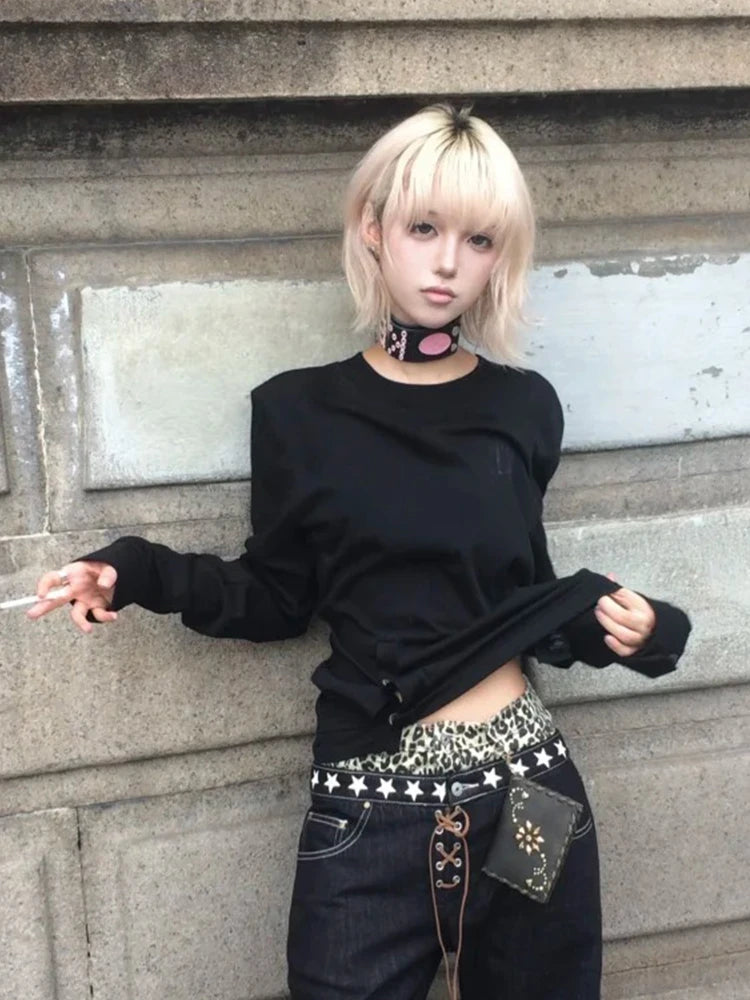 Genayooa Gothic Vintage T-shirt Women Long Sleeve Button Y2k Retro Black Grunge Tops Streetwear 2000s Print Tshirts Autumn