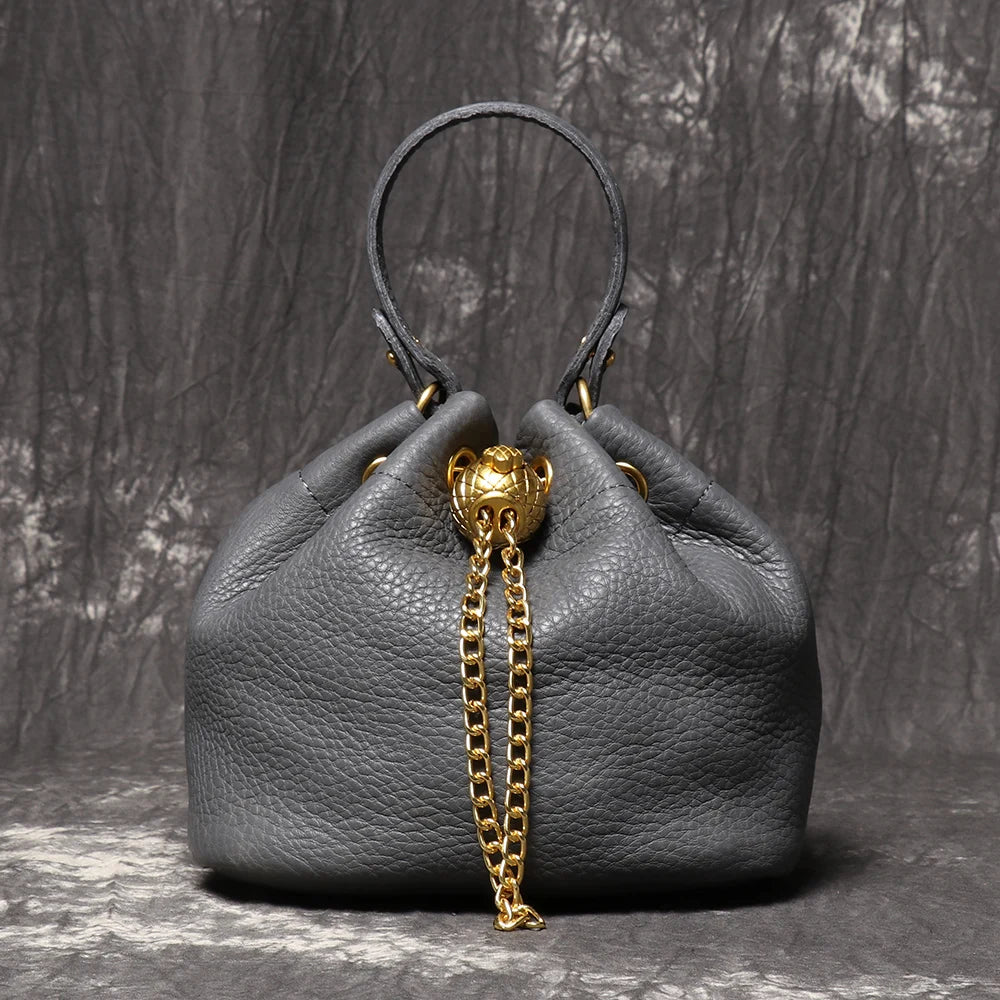 LUOKIR New Metal Drawstring Versatile Women's Handbag Genuine Leather Chain Crossbody Bag Vintage Bucket Bag Mobile Phone Bag